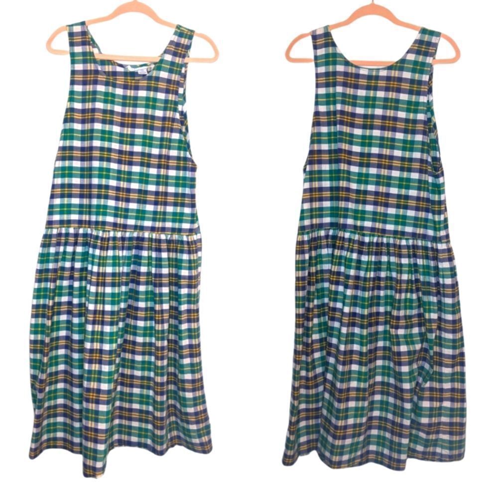 Vintage Northern Isles Green Multicolored Plaid Sleeveless Drop Waist Dress